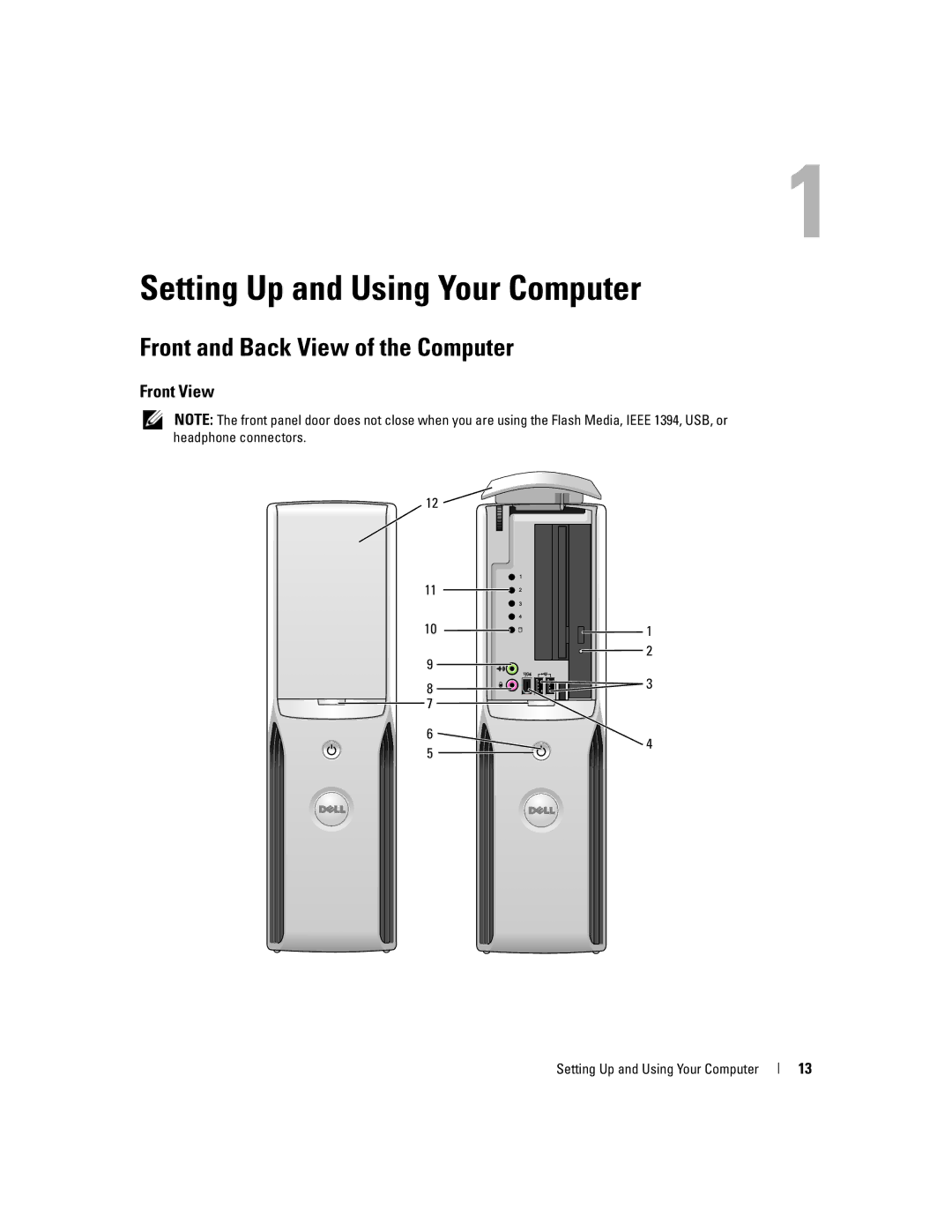 Dell 210 owner manual Front and Back View of the Computer, Front View, Setting Up and Using Your Computer 