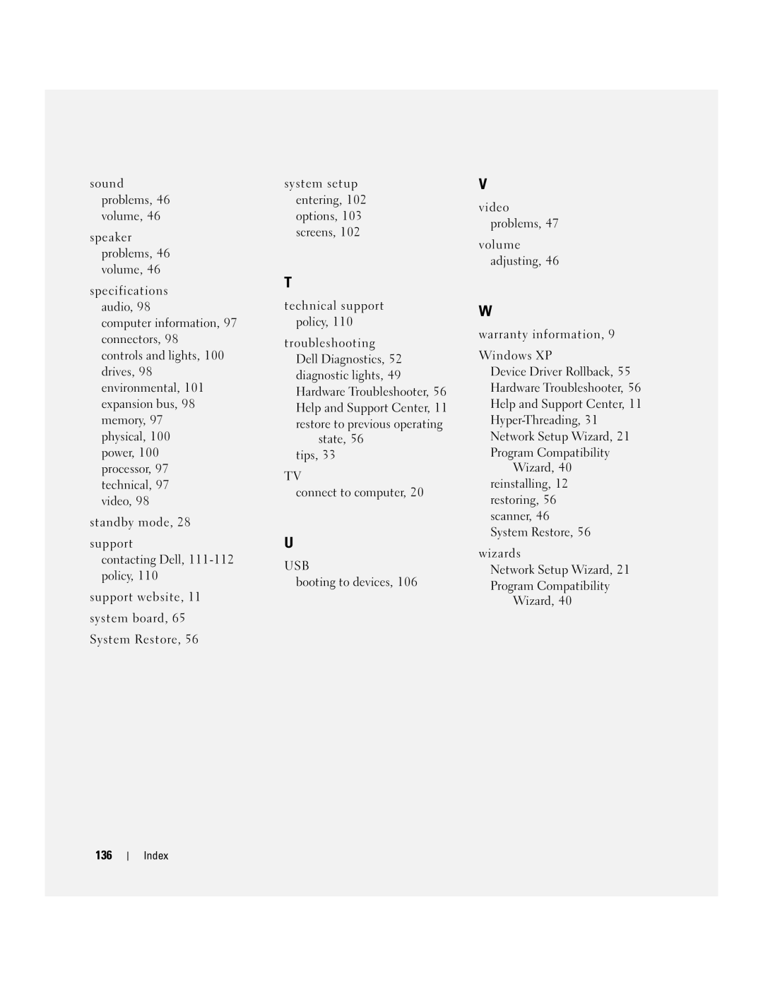 Dell 210 owner manual Usb, 136 