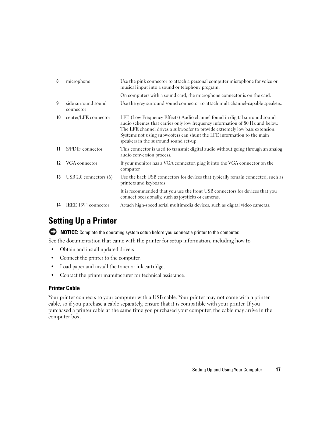 Dell 210 owner manual Setting Up a Printer, Printer Cable 