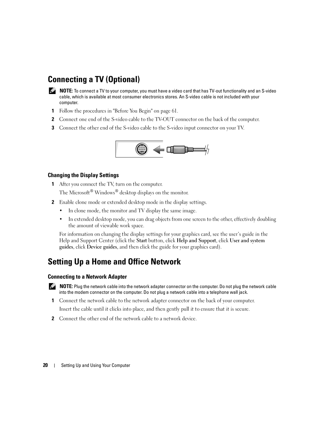 Dell 210 owner manual Connecting a TV Optional, Setting Up a Home and Office Network, Changing the Display Settings 