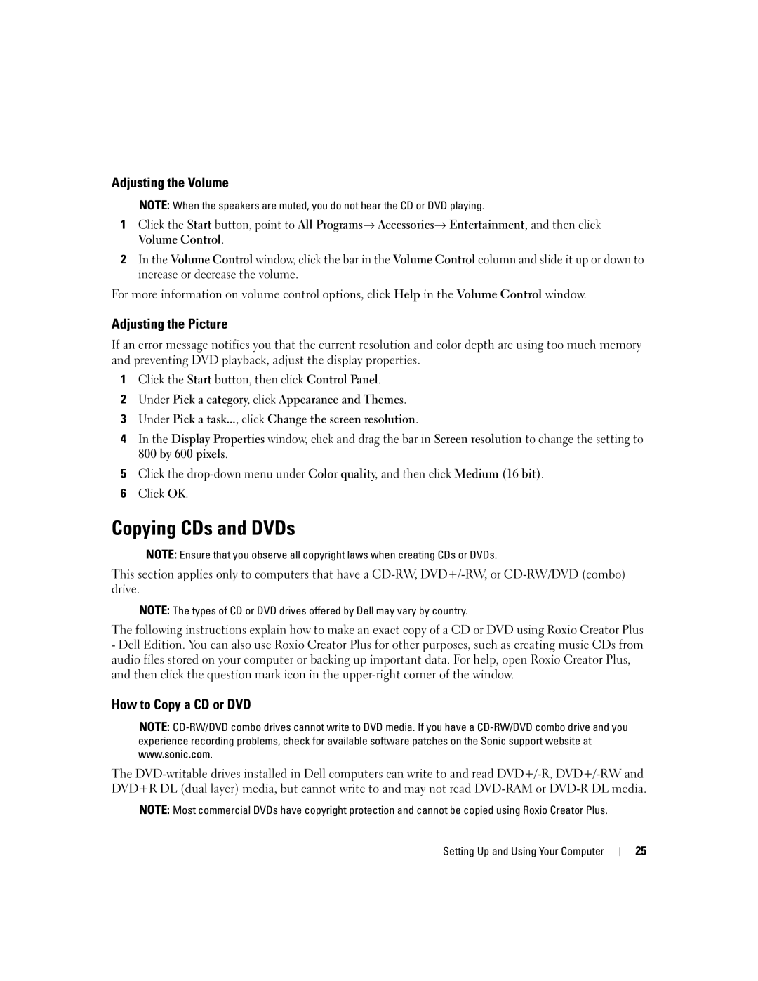 Dell 210 owner manual Copying CDs and DVDs, Adjusting the Volume, Adjusting the Picture, How to Copy a CD or DVD 