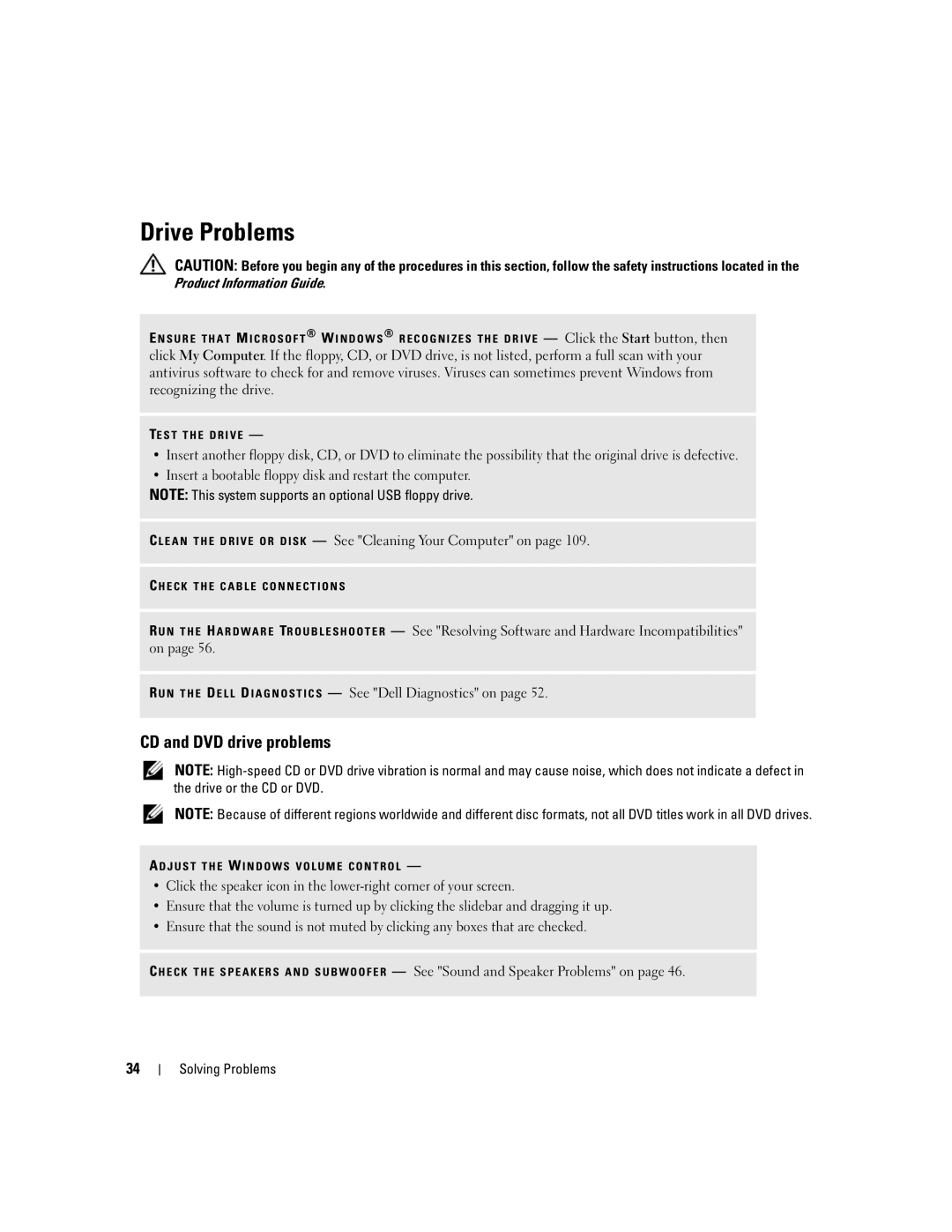 Dell 210 owner manual Drive Problems, CD and DVD drive problems 