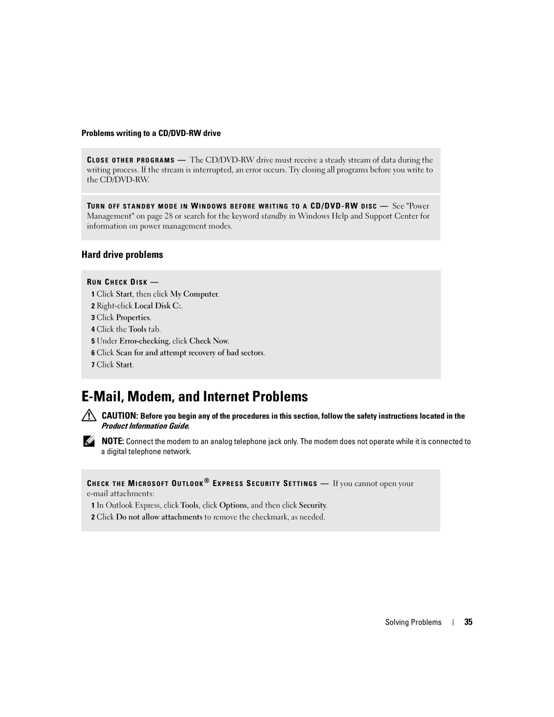 Dell 210 owner manual Mail, Modem, and Internet Problems, Hard drive problems, Problems writing to a CD/DVD-RW drive 