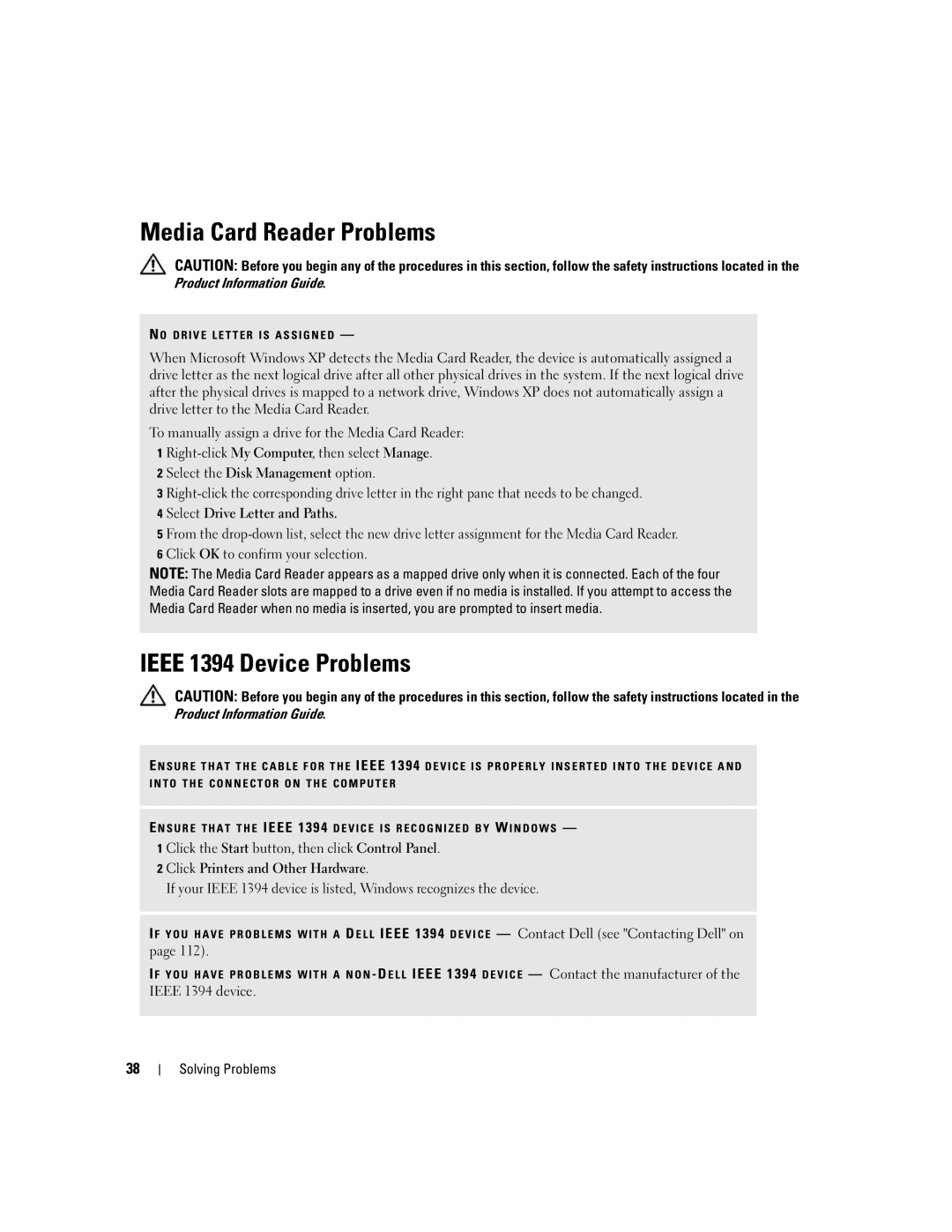 Dell 210 owner manual Media Card Reader Problems, Ieee 1394 Device Problems 