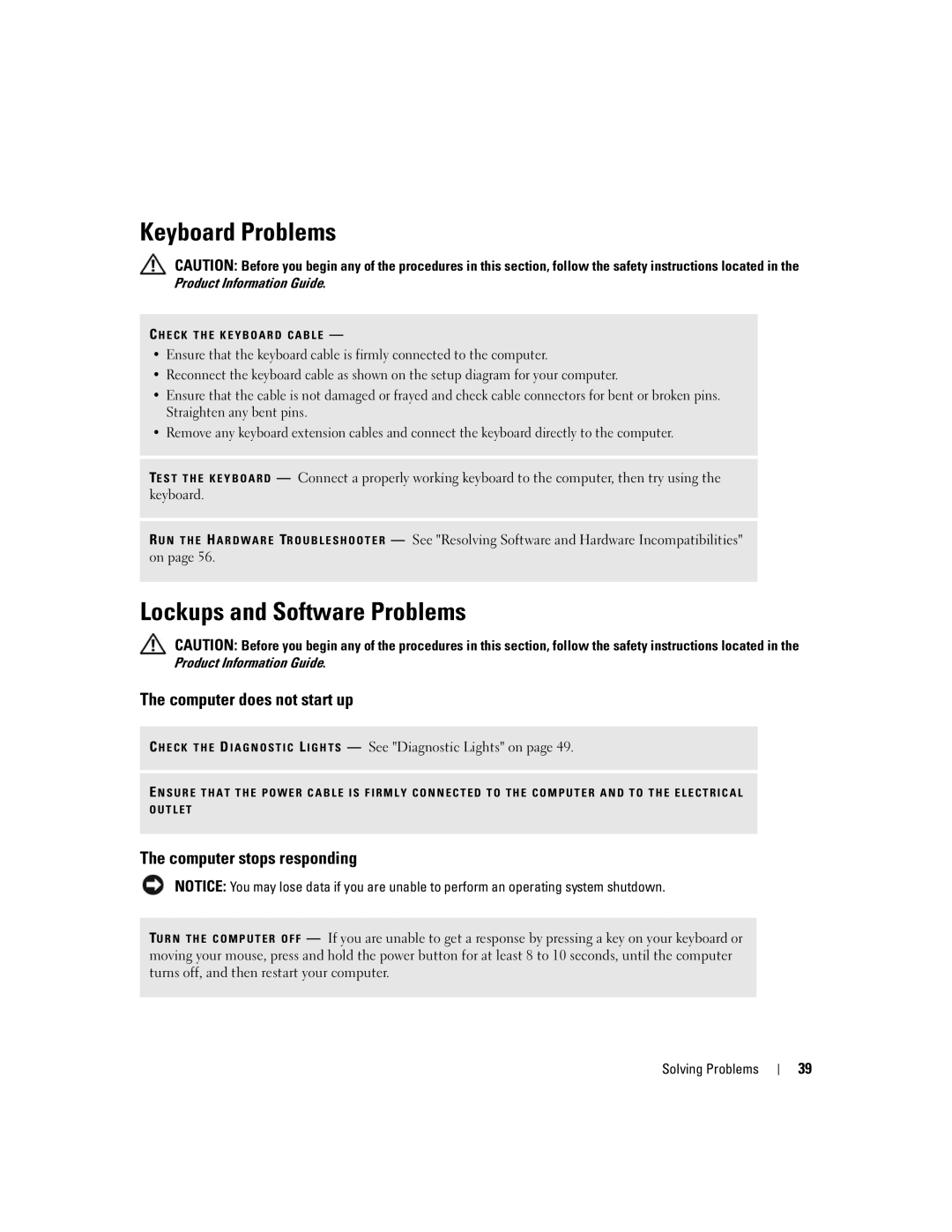 Dell 210 Keyboard Problems, Lockups and Software Problems, Computer does not start up, Computer stops responding 