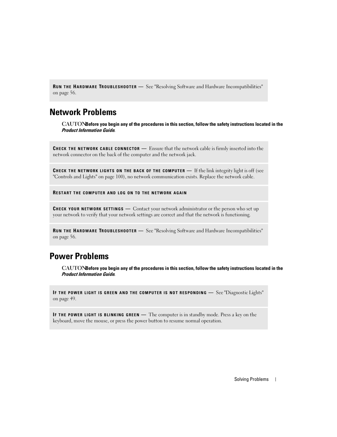 Dell 210 owner manual Network Problems, Power Problems 