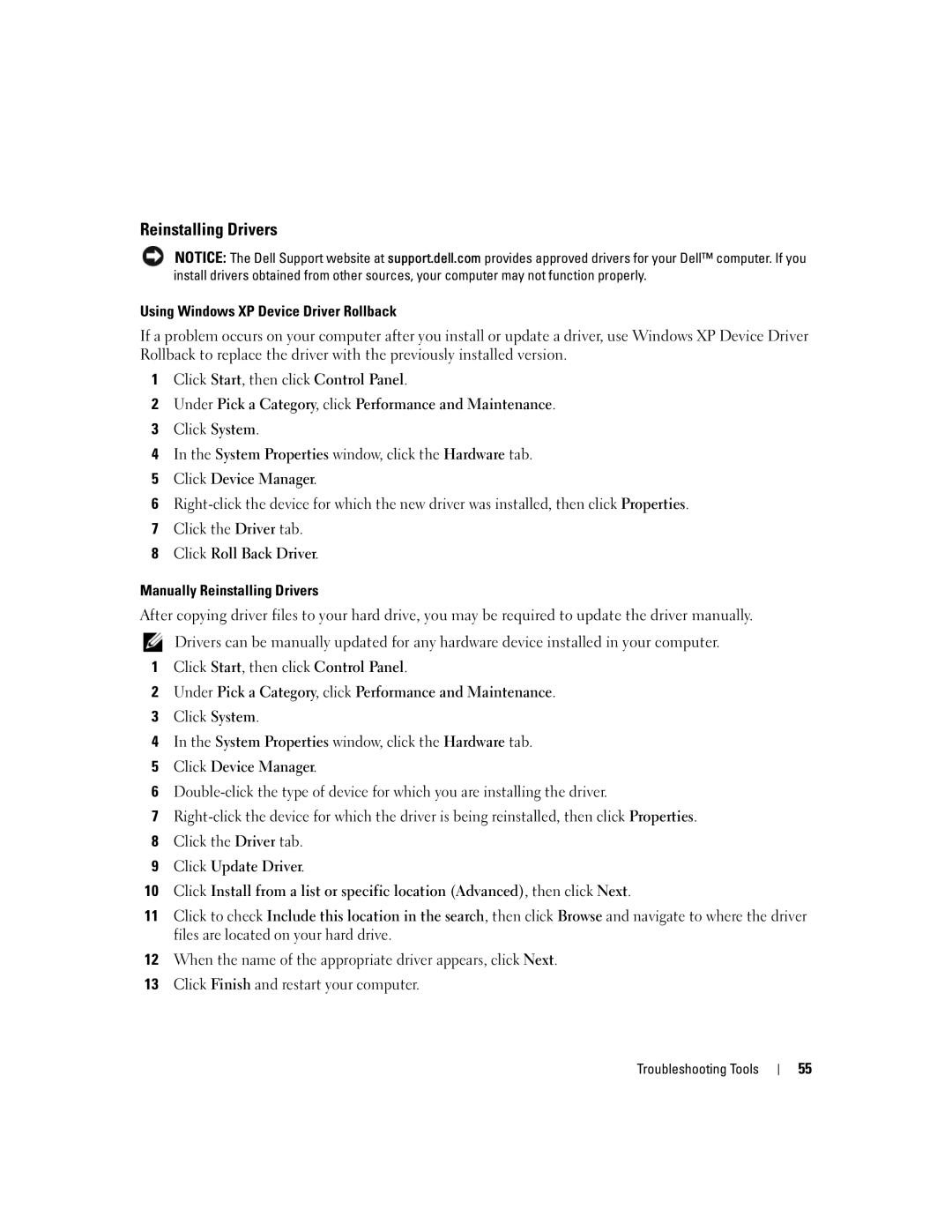 Dell 210 owner manual Reinstalling Drivers, Using Windows XP Device Driver Rollback 