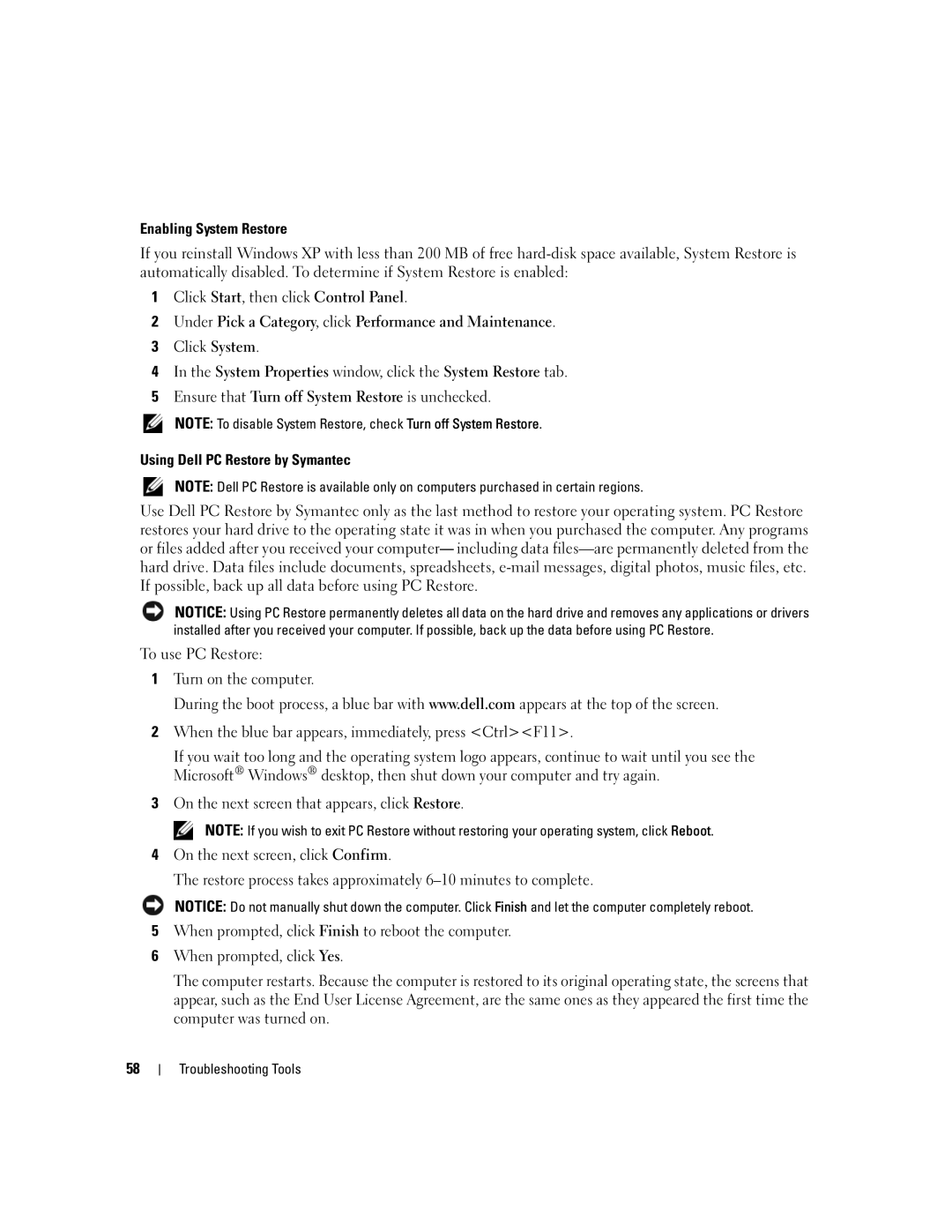 Dell 210 owner manual Enabling System Restore 