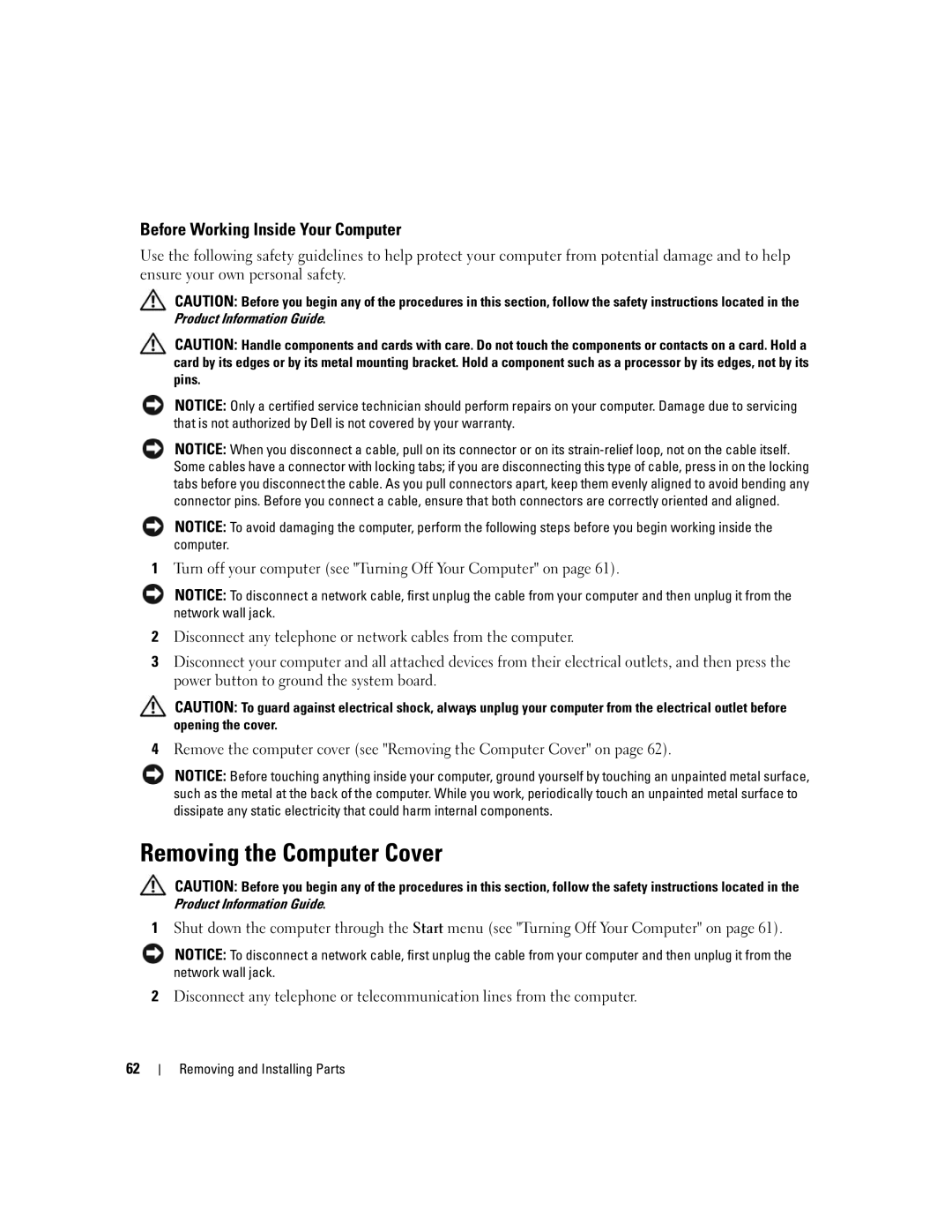 Dell 210 owner manual Removing the Computer Cover, Before Working Inside Your Computer 