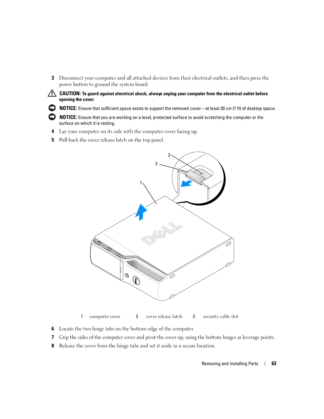 Dell 210 owner manual Computer cover Cover release latch Security cable slot 