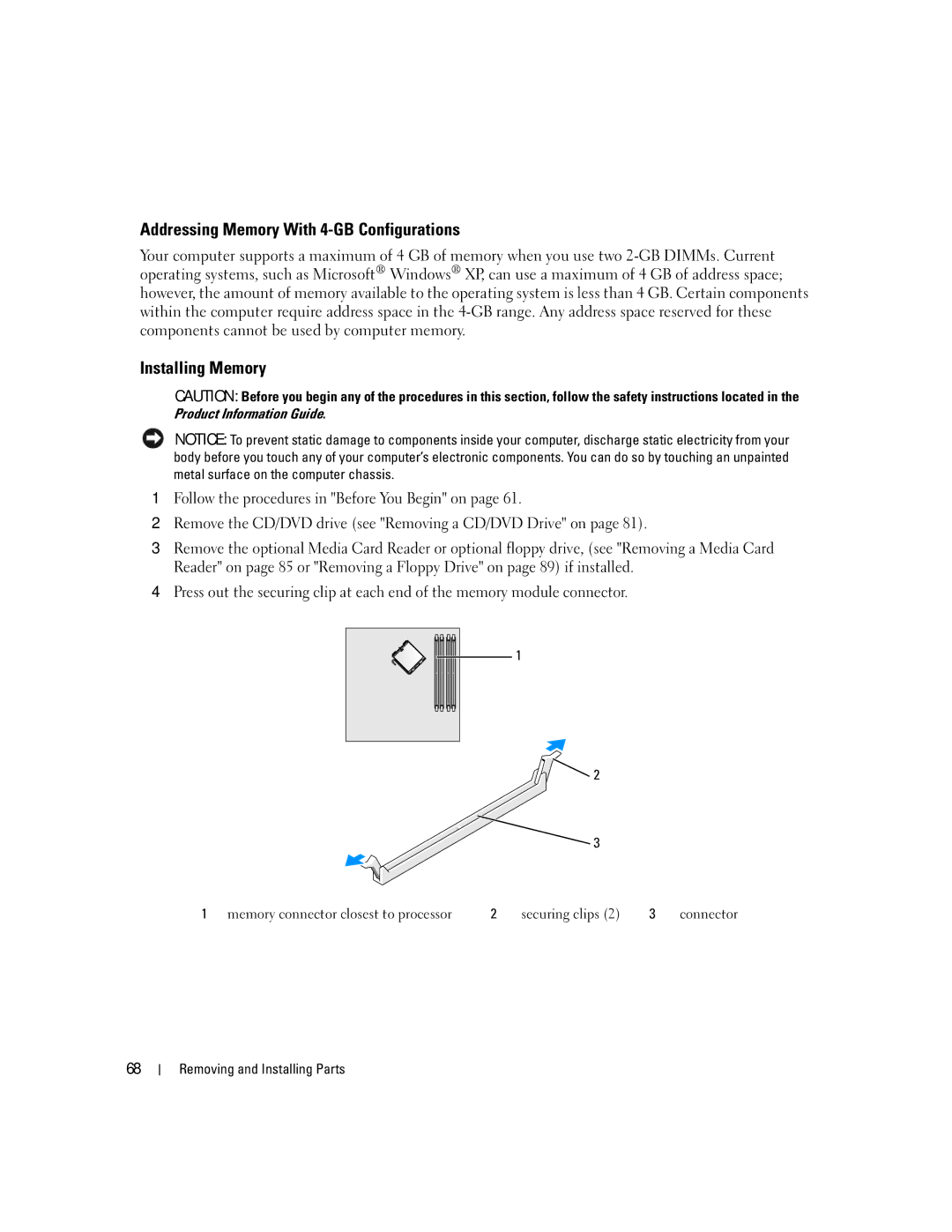 Dell 210 owner manual Addressing Memory With 4-GB Configurations, Installing Memory 