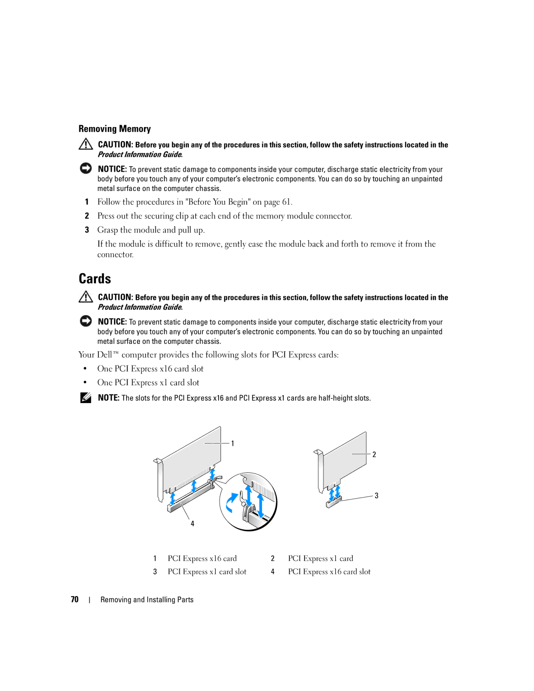 Dell 210 owner manual Cards, Removing Memory, One PCI Express x16 card slot One PCI Express x1 card slot 