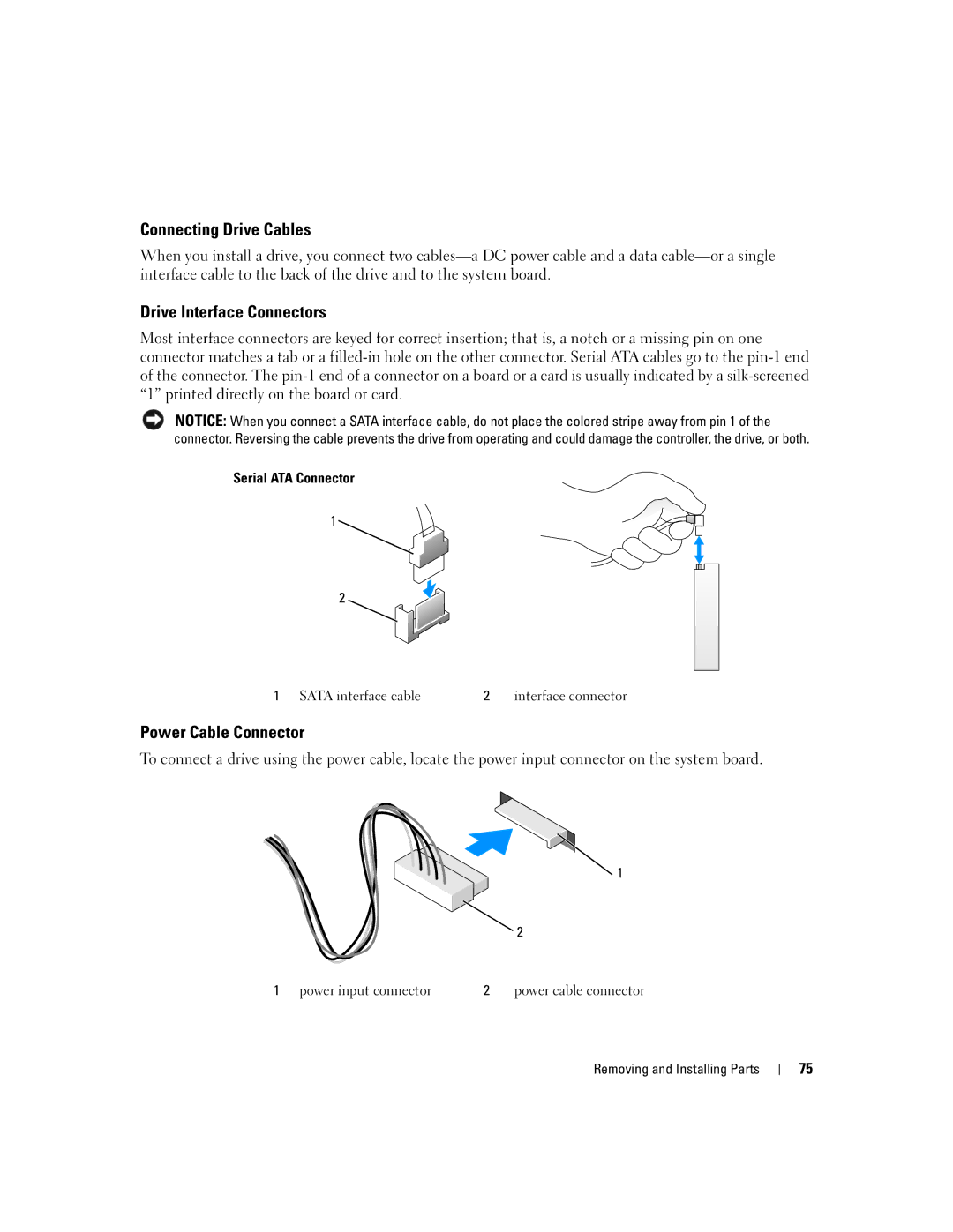 Dell 210 owner manual Connecting Drive Cables, Drive Interface Connectors, Power Cable Connector, Serial ATA Connector 