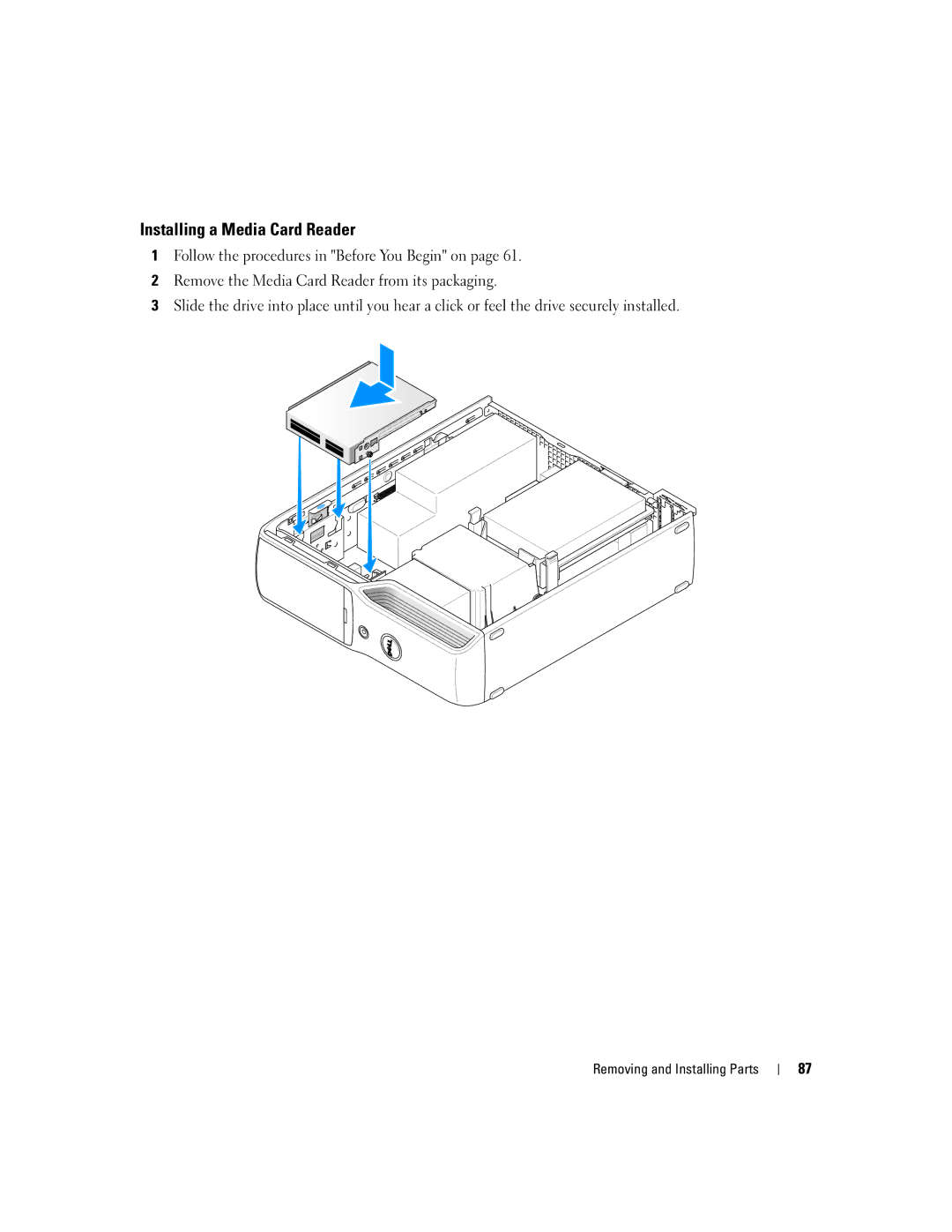 Dell 210 owner manual Installing a Media Card Reader 