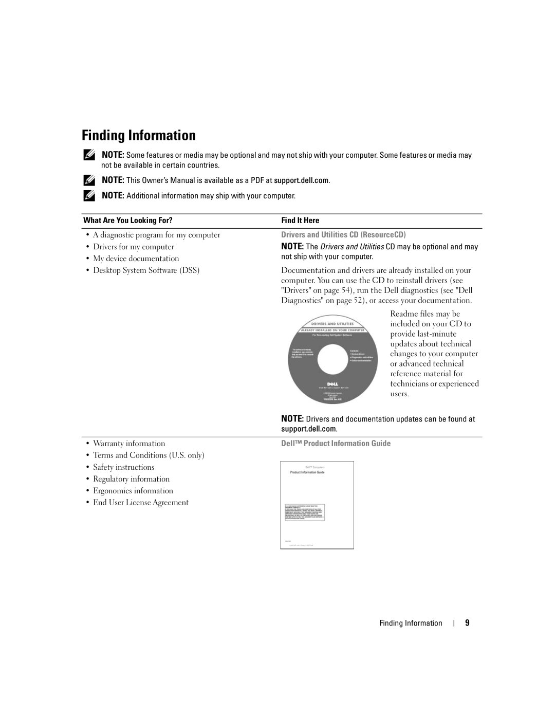 Dell 210 owner manual Finding Information, Support.dell.com, Warranty information 