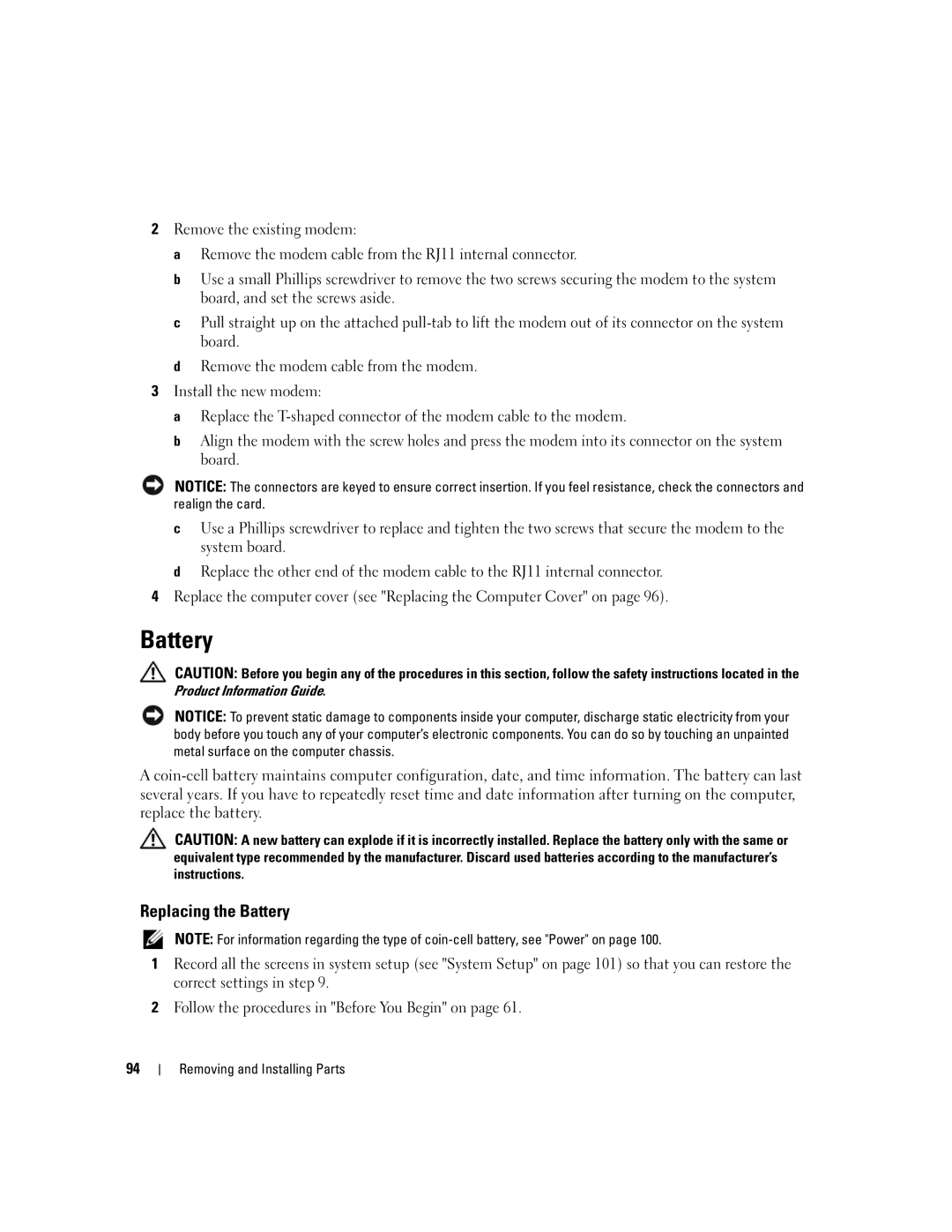 Dell 210 owner manual Replacing the Battery 