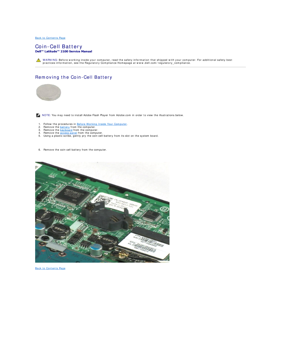 Dell 2100 specifications Removing the Coin-Cell Battery 