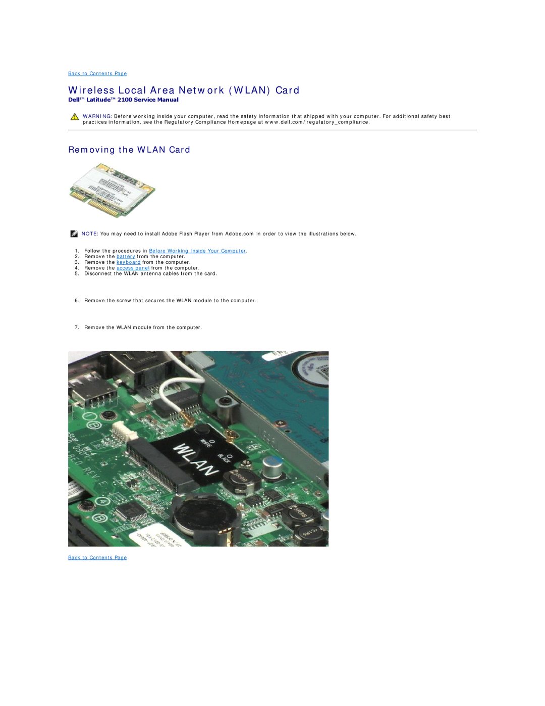 Dell 2100 specifications Wireless Local Area Network Wlan Card, Removing the Wlan Card 