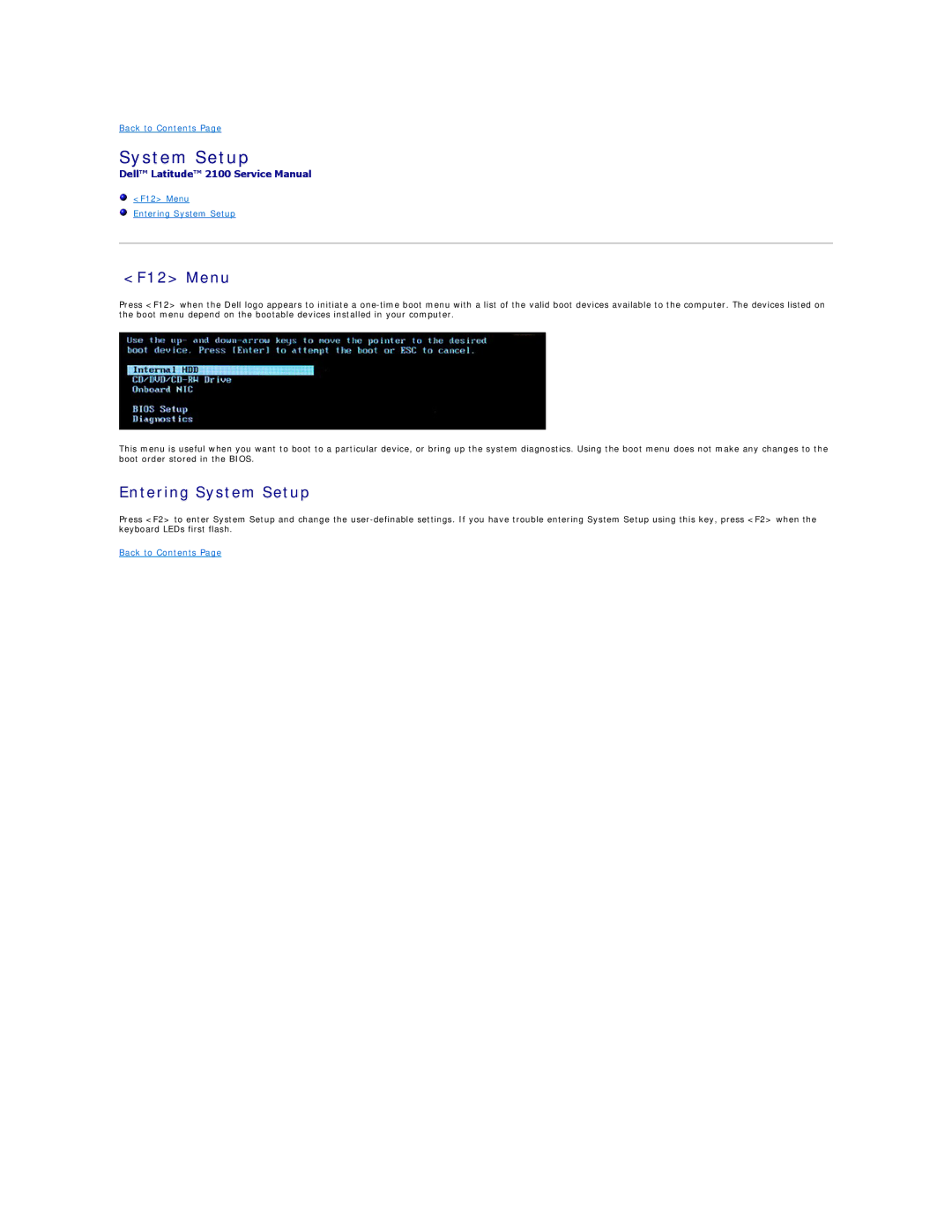 Dell 2100 specifications F12 Menu, Entering System Setup 