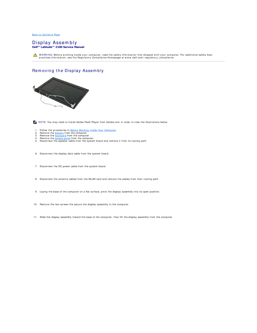 Dell 2100 specifications Removing the Display Assembly 