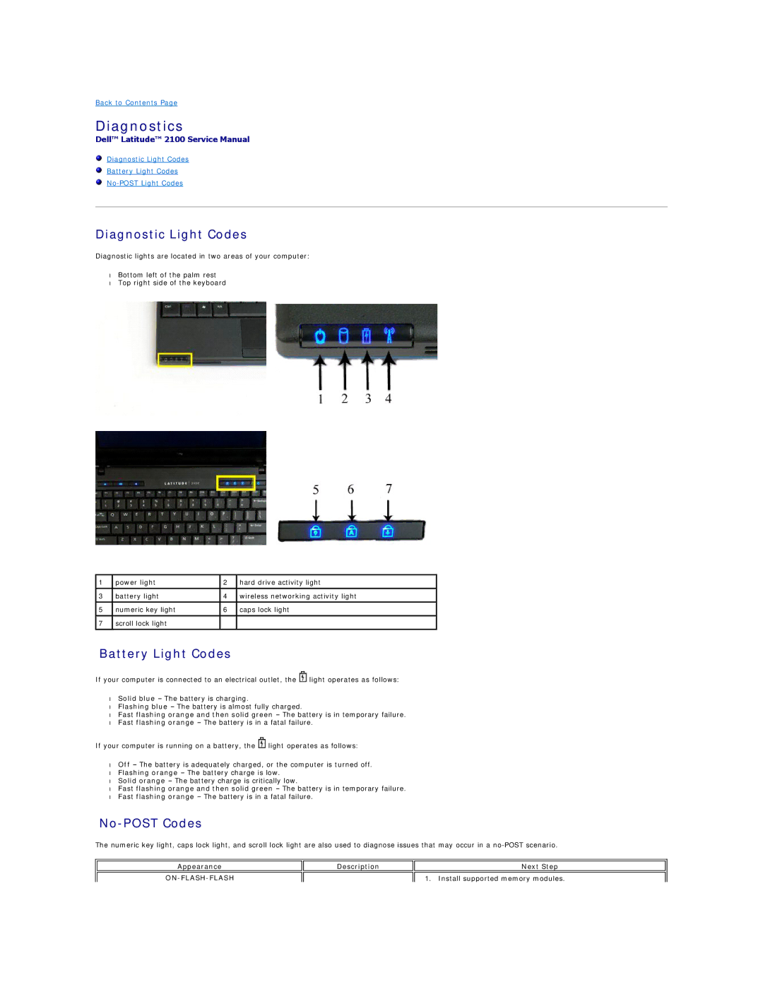 Dell 2100 specifications Diagnostics, Diagnostic Light Codes, Battery Light Codes, No-POST Codes 