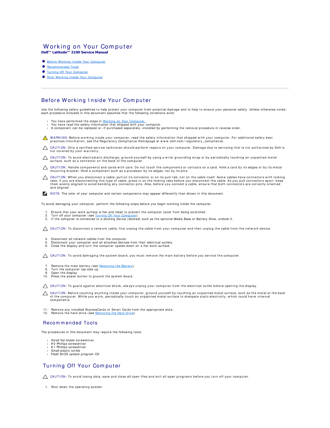 Dell 2100 specifications Working on Your Computer, Before Working Inside Your Computer, Turning Off Your Computer 
