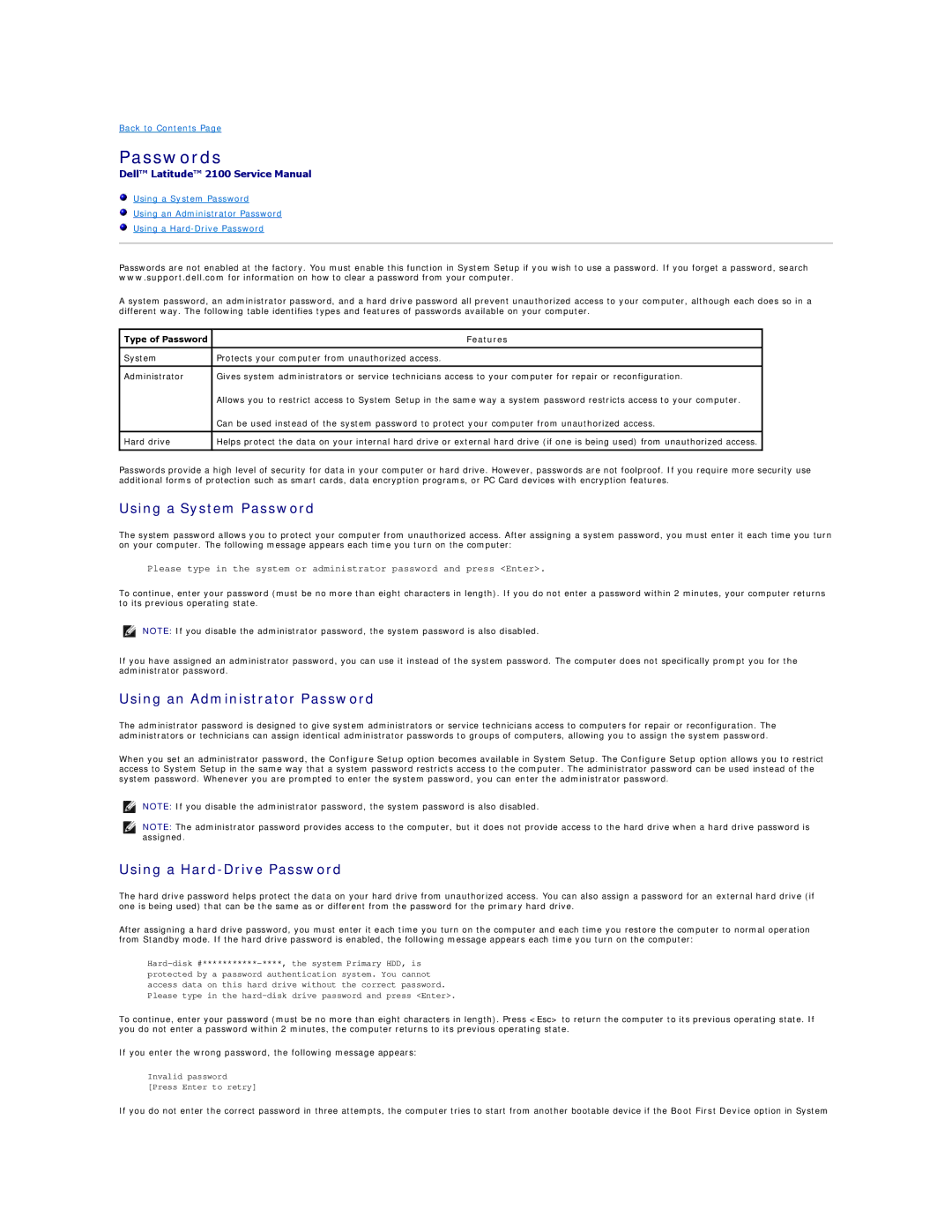 Dell 2100 specifications Passwords, Type of Password Features 