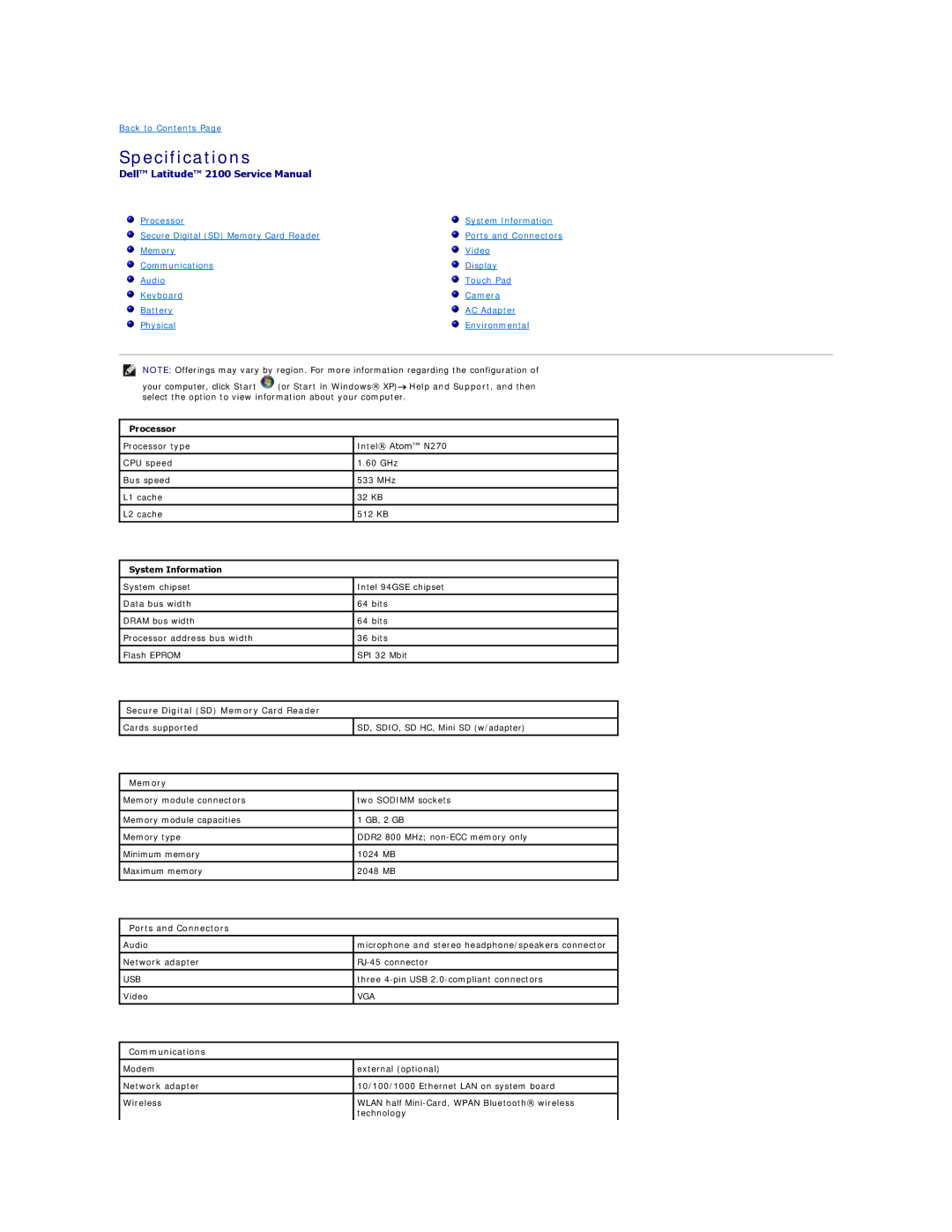 Dell 2100 specifications Specifications, Processor 