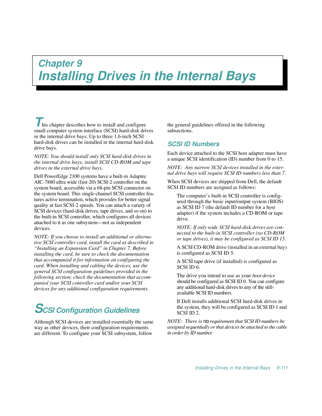 Dell 2100/200, 2100/180 manual Installing Drives in the Internal Bays, Scsi Configuration Guidelines, Scsi ID Numbers 