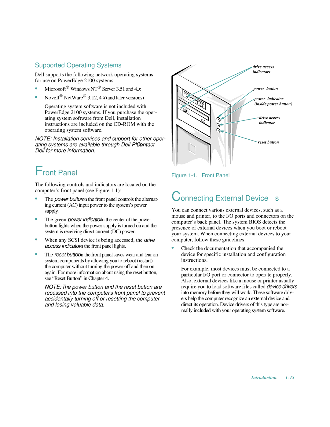 Dell 2100/200, 2100/180 manual Front Panel, Connecting External Devices, Supported Operating Systems 