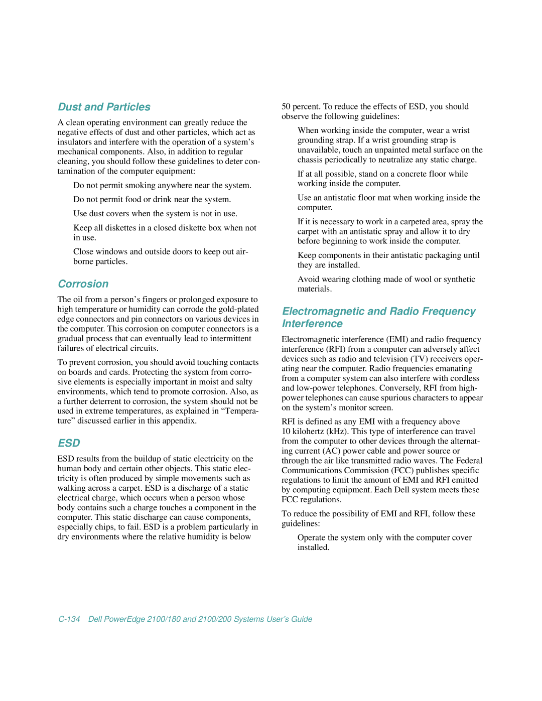 Dell 2100/180, 2100/200 manual Dust and Particles, Corrosion, Electromagnetic and Radio Frequency Interference 
