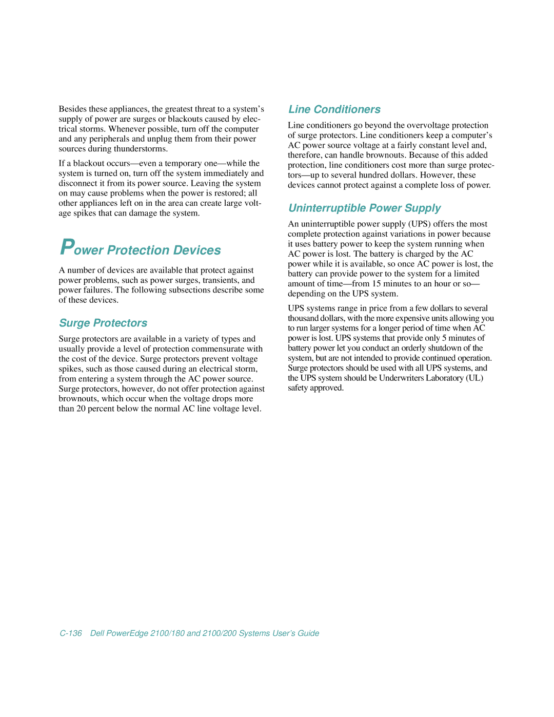 Dell 2100/180, 2100/200 manual Power Protection Devices, Surge Protectors, Line Conditioners, Uninterruptible Power Supply 