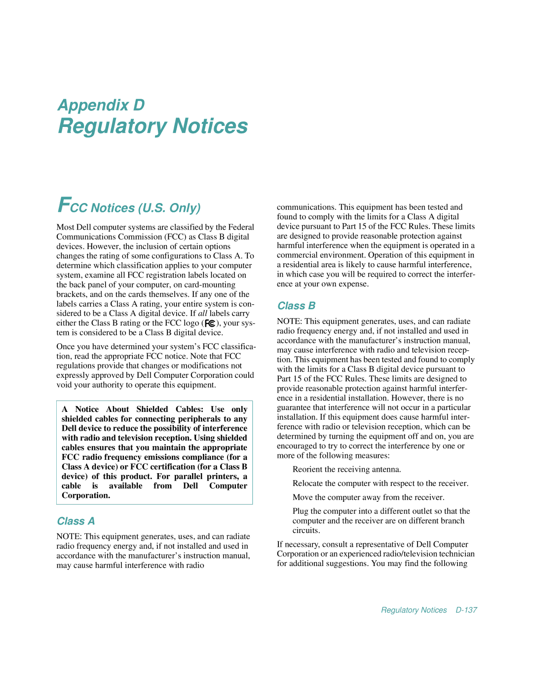 Dell 2100/200, 2100/180 manual Regulatory Notices, FCC Notices U.S. Only, Class a, Class B 