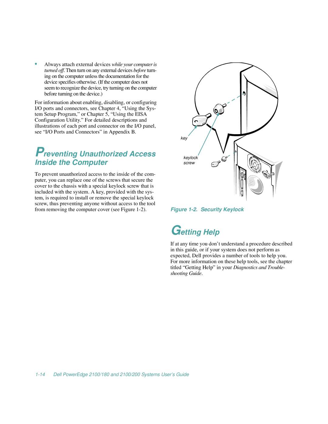Dell 2100/180, 2100/200 manual Preventing Unauthorized Access Inside the Computer, Getting Help 
