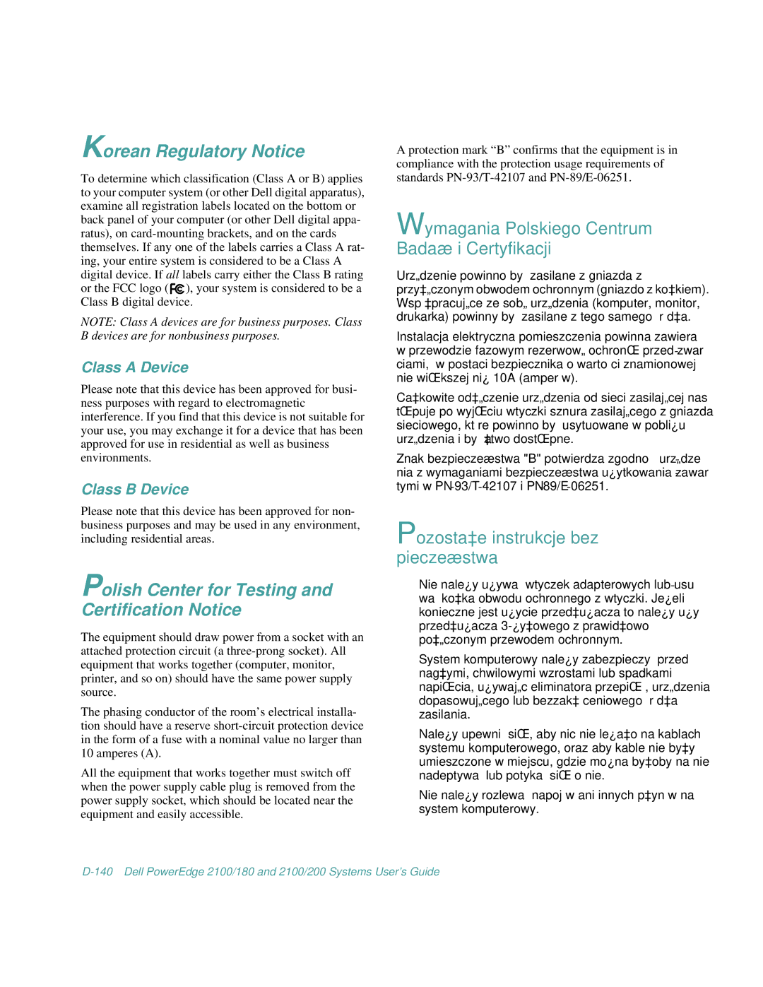 Dell 2100/180, 2100/200 manual Korean Regulatory Notice, Polish Center for Testing and Certification Notice 