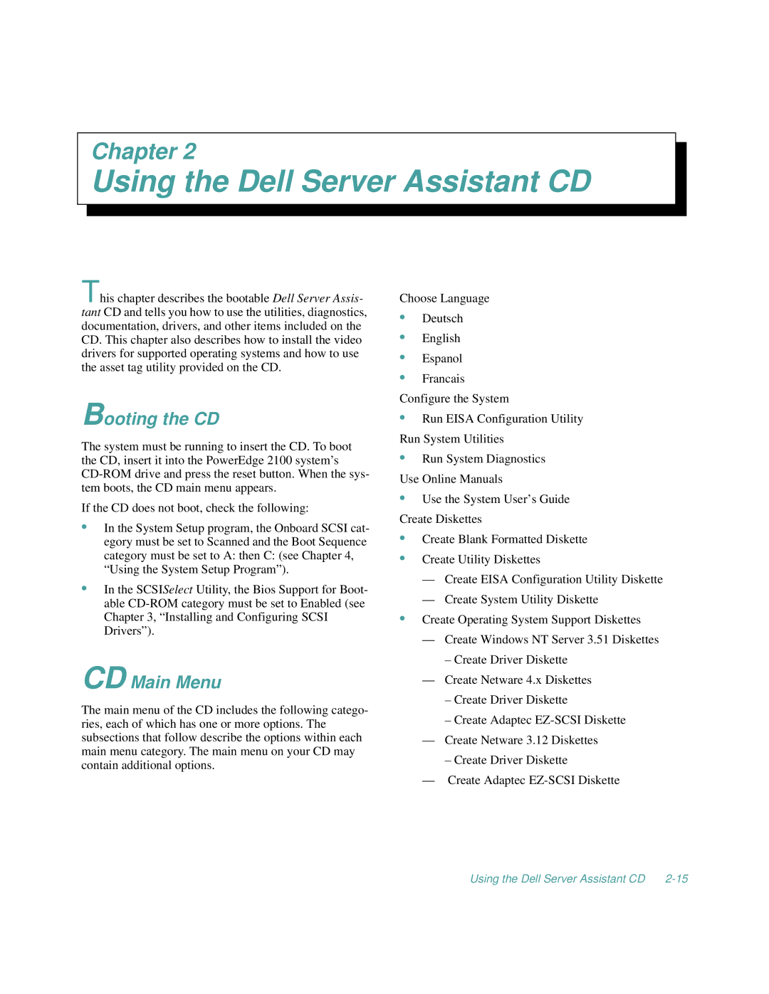 Dell 2100/200, 2100/180 manual Using the Dell Server Assistant CD, Booting the CD, CD Main Menu 