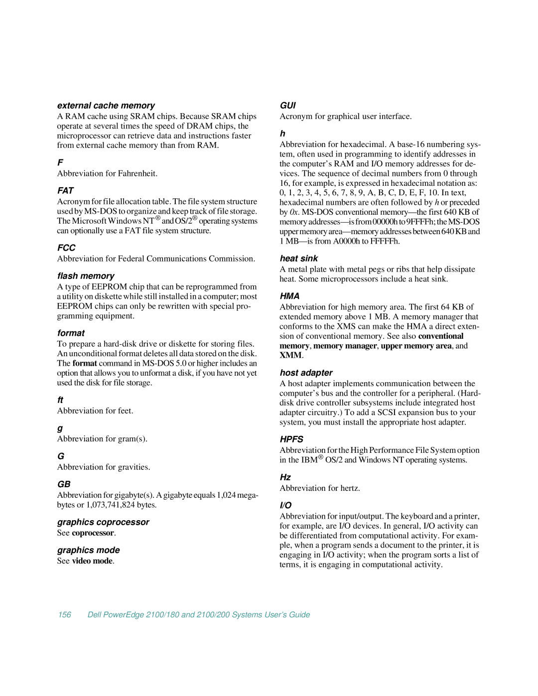 Dell 2100/180, 2100/200 manual Fat, Fcc, Gui, Hma, Hpfs 