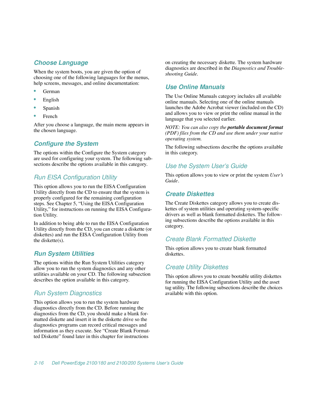 Dell 2100/180, 2100/200 Choose Language, Configure the System, Run System Utilities, Use Online Manuals, Create Diskettes 