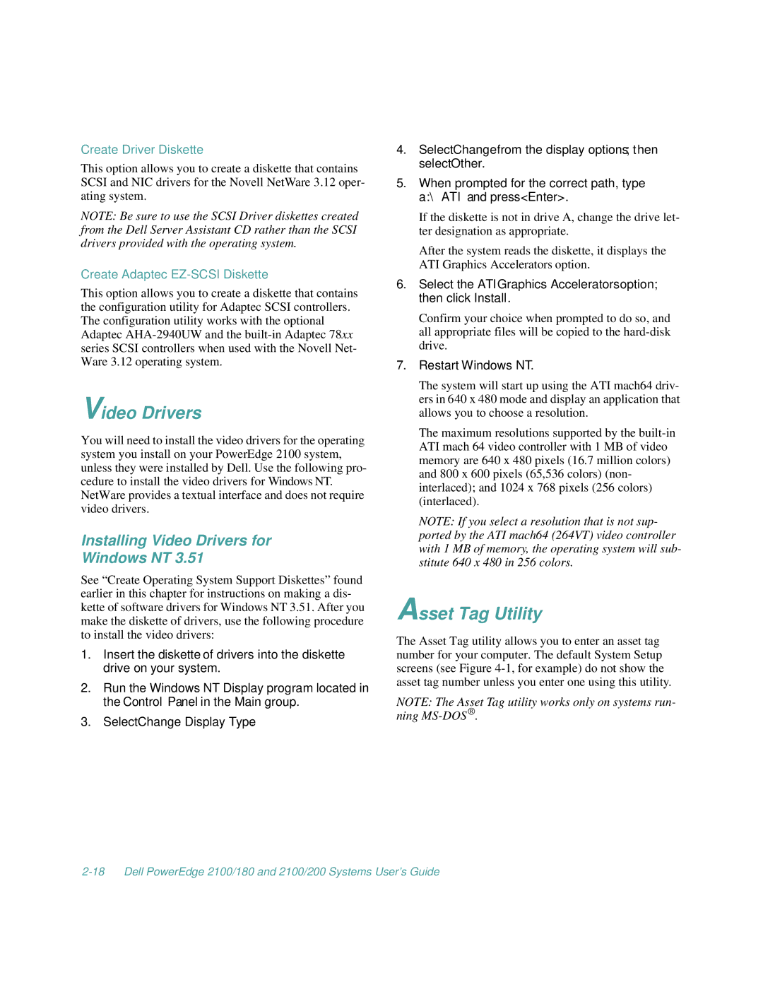 Dell 2100/180, 2100/200 manual Asset Tag Utility, Installing Video Drivers for Windows NT, Restart Windows NT 