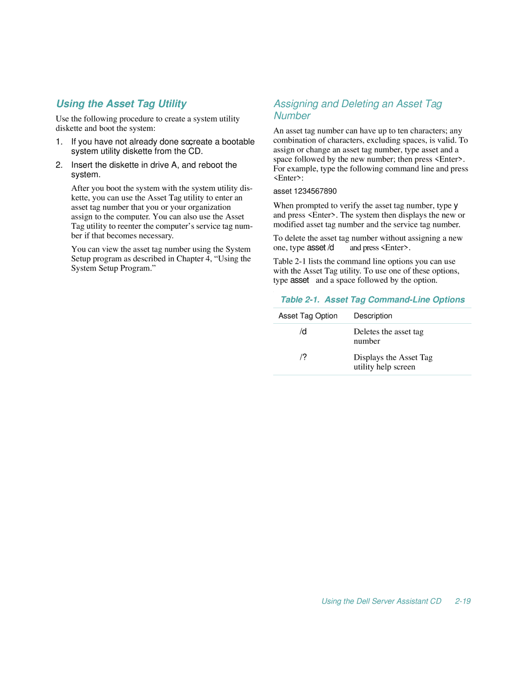 Dell 2100/200 Using the Asset Tag Utility, Assigning and Deleting an Asset Tag Number, Asset Tag Command-Line Options 