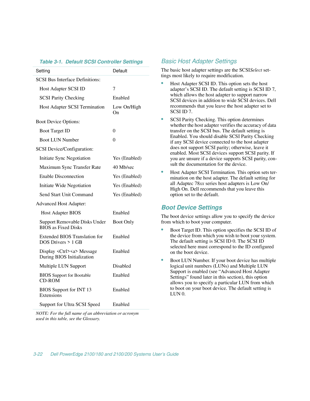 Dell 2100/180, 2100/200 manual Basic Host Adapter Settings, Boot Device Settings, Default Scsi Controller Settings 