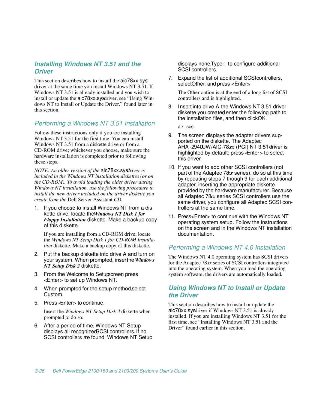 Dell 2100/180, 2100/200 manual Installing Windows NT 3.51 and the Driver, Performing a Windows NT 3.51 Installation 