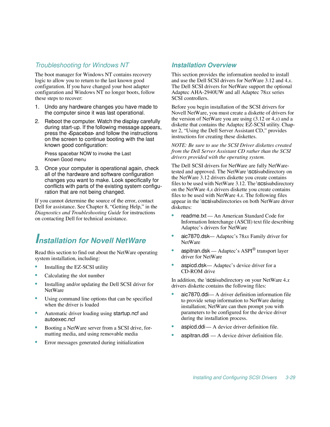 Dell 2100/200, 2100/180 manual Installation for Novell NetWare, Troubleshooting for Windows NT 