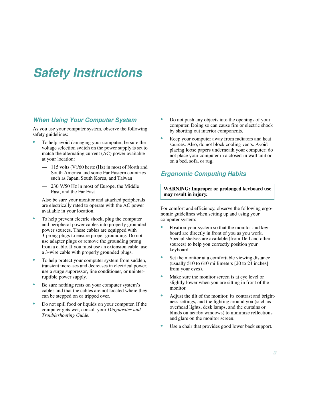 Dell 2100/200, 2100/180 manual Safety Instructions, When Using Your Computer System, Ergonomic Computing Habits 