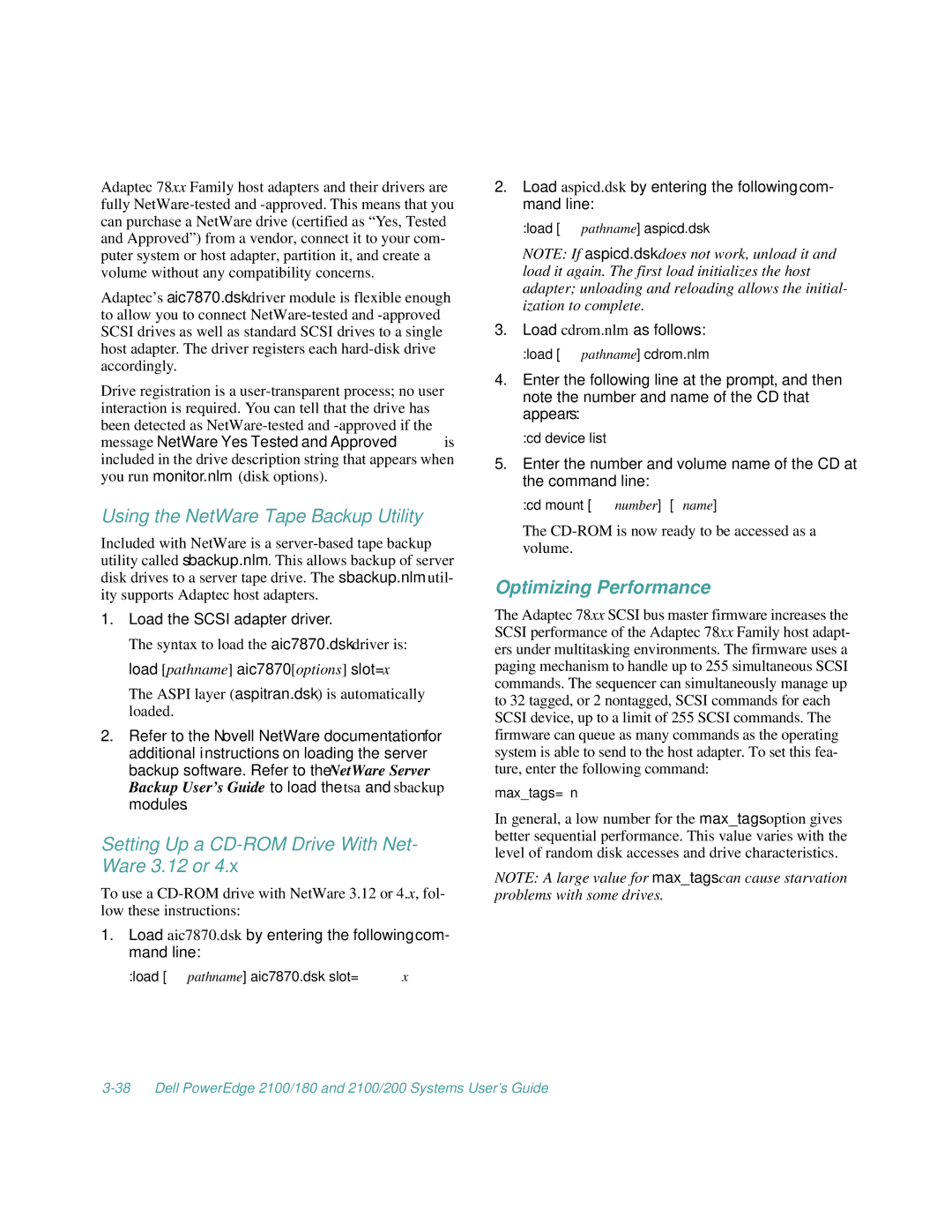 Dell 2100/180, 2100/200 manual Using the NetWare Tape Backup Utility, Setting Up a CD-ROM Drive With Net- Ware 3.12 or 