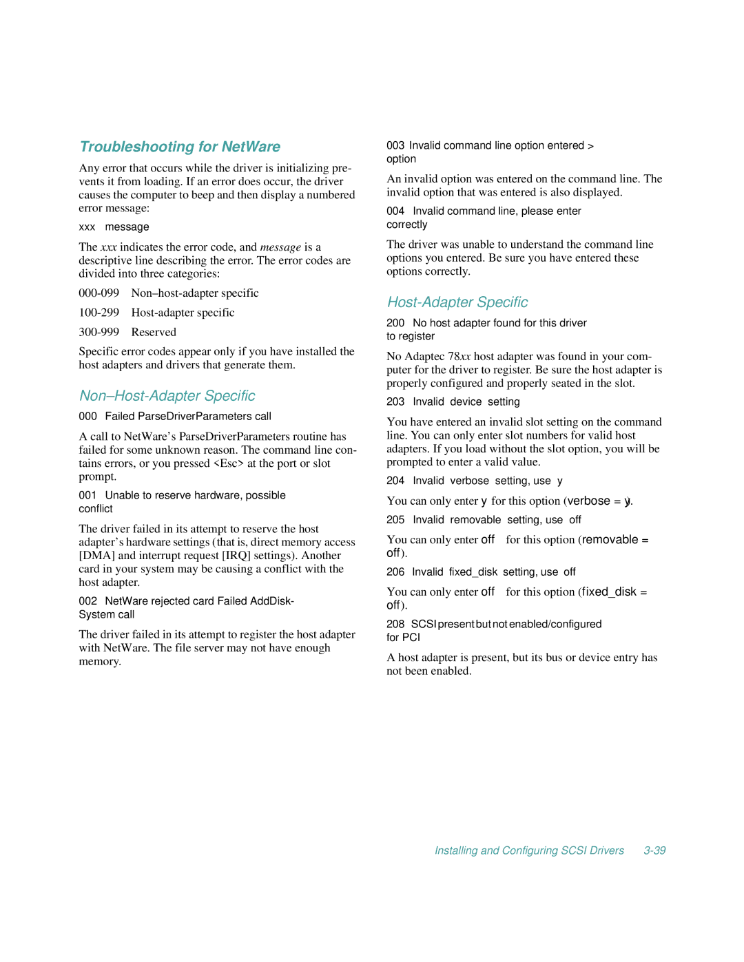 Dell 2100/200, 2100/180 manual Troubleshooting for NetWare, Non-Host-Adapter Specific, Off 