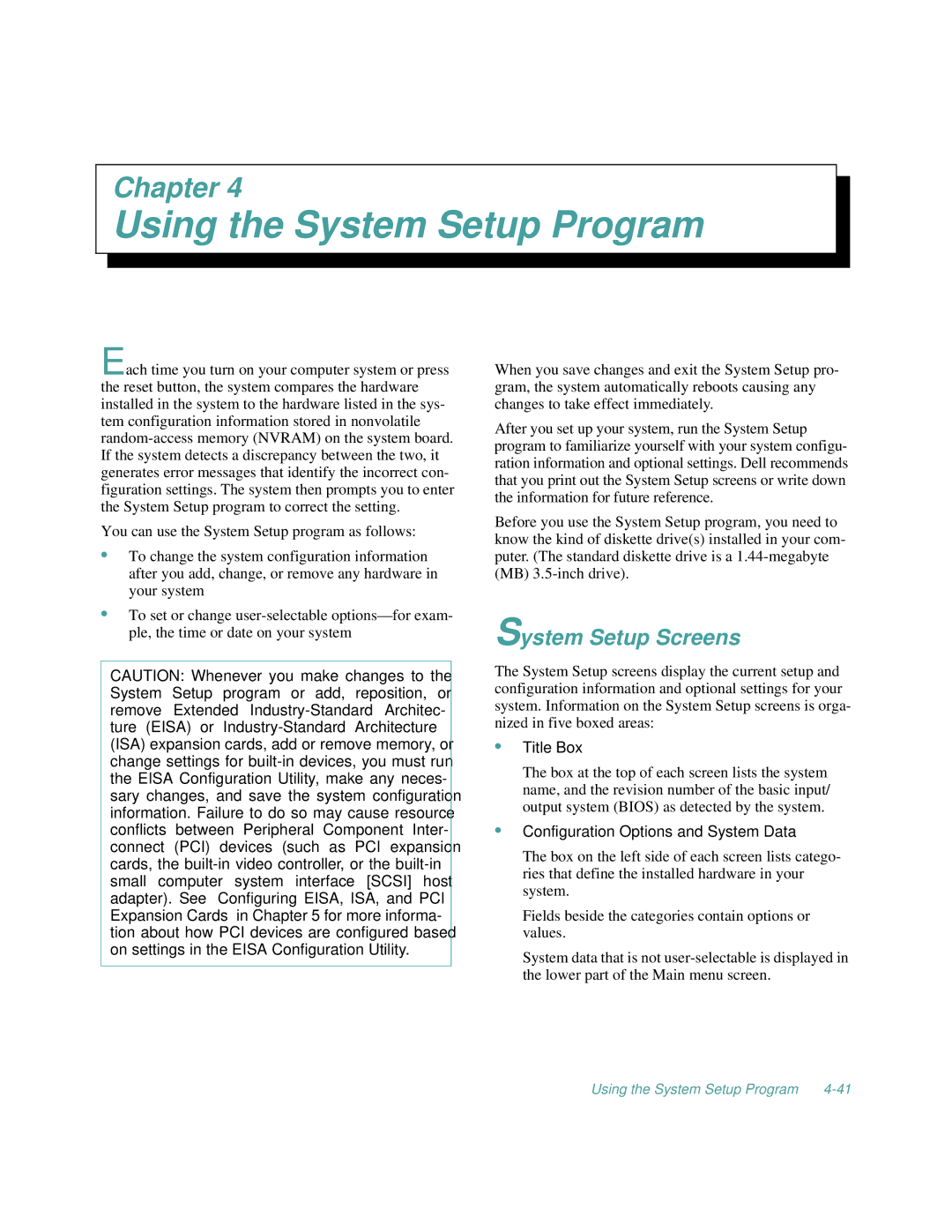 Dell 2100/200 manual Using the System Setup Program, System Setup Screens, Title Box, Configuration Options and System Data 