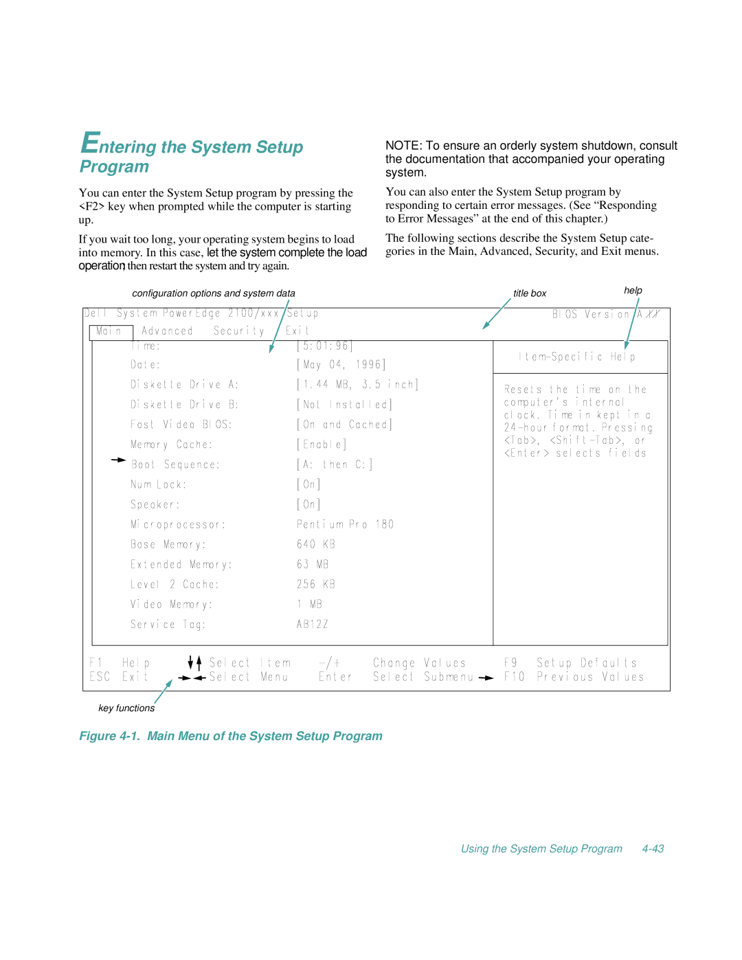 Dell 2100/200, 2100/180 manual Entering the System Setup Program, Main Menu of the System Setup Program 