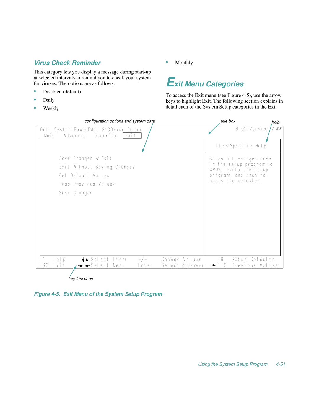 Dell 2100/200, 2100/180 manual Exit Menu Categories, Virus Check Reminder 