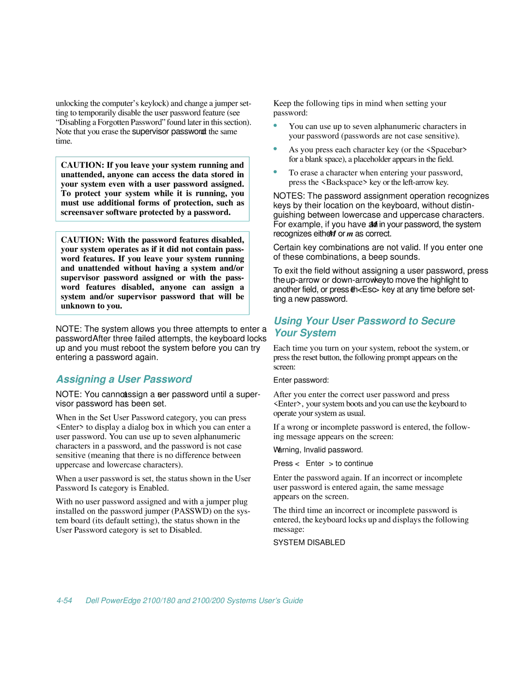 Dell 2100/180, 2100/200 manual Assigning a User Password, Using Your User Password to Secure Your System 